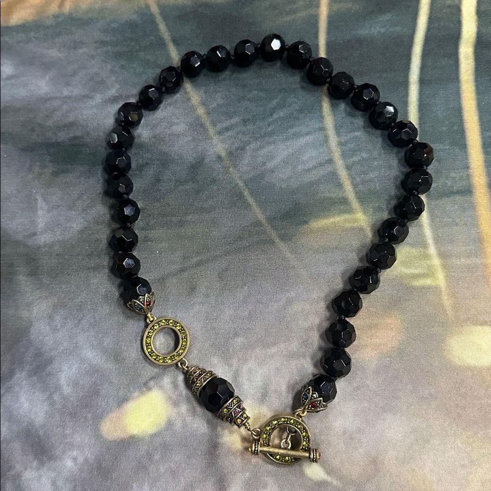 Heidi Daus Black Beaded Toggle Necklace with Rhinestones and Gold Accents